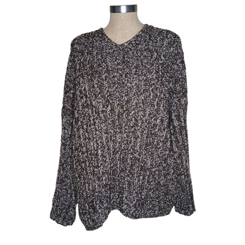 DKNY Classic Chunky Cable Knit Sweater Womens L Brown White V Neck
